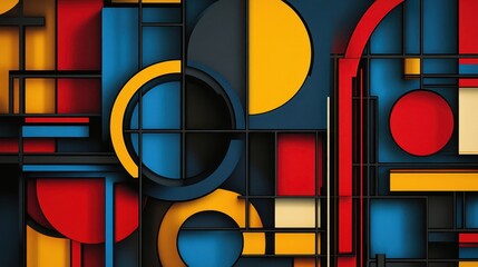 Wall Mural - Bauhaus-inspired wallpaper with bold shapes and primary colors in grid structure