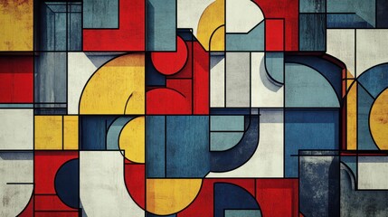 Wall Mural - Modernist wallpaper with interconnected geometric shapes in primary colors