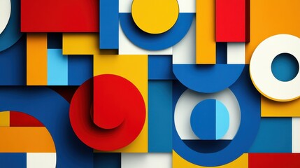 Wall Mural - Geometric abstraction with overlapping circles and rectangles in primary colors