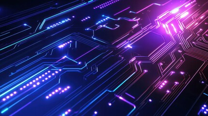 Abstract futuristic design with neon circuits glowing in a dark space