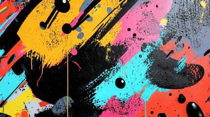 Wall Mural - Street art backdrop with neon graffiti and comic halftone textures blending movement