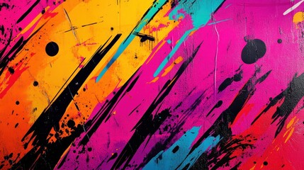 Wall Mural - Graffiti backdrop with neon splashes and halftone patterns creating high-energy movement