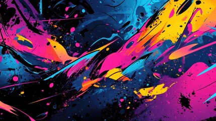 Wall Mural - Neon graffiti background with halftone comic effects and textured paint splashes