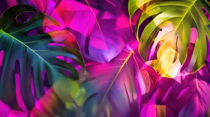 Wall Mural - bold tropical background with orchid petals and monstera leaves in glassy texture