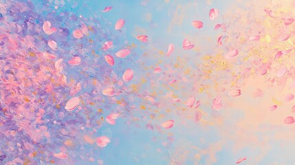 Canvas Print - Sakura backdrop with petals leaving neon streaks against pastel blue and peach hues