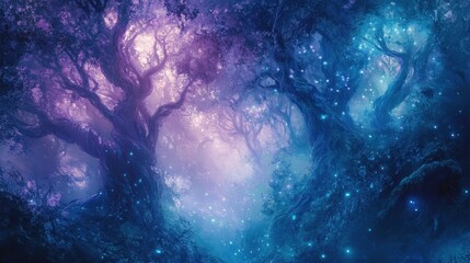 Enchanted forest wallpaper with surreal glowing trees and swirling mist in deep purples