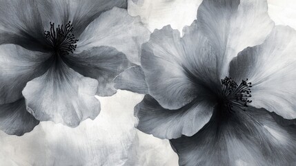 Wall Mural - A black and white floral wallpaper with detailed petals and misty oil-paint texture contrasts