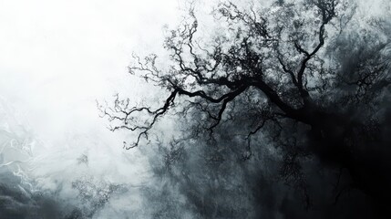 Wall Mural - An abstract monochrome tree background with delicate ink splashes forming surreal branches and soft shadows
