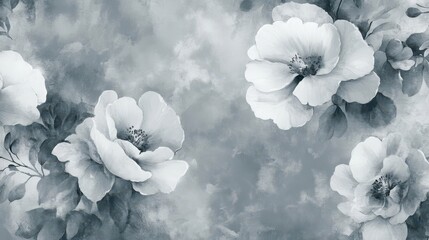 Canvas Print - A striking floral wallpaper with hand-painted ink brushstrokes and subtle smudges on a misty gray background