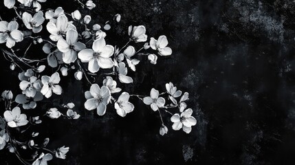 Canvas Print - A high-contrast floral wallpaper with white blossoms scattered over a deep black canvas and painterly strokes