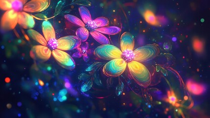 Canvas Print - A neon floral backdrop with glowing vines in a futuristic dark setting with soft neon gradients