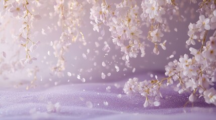 Canvas Print - A dreamy pastel floral background with cherry blossoms floating through a lavender mist with golden accents scattered across