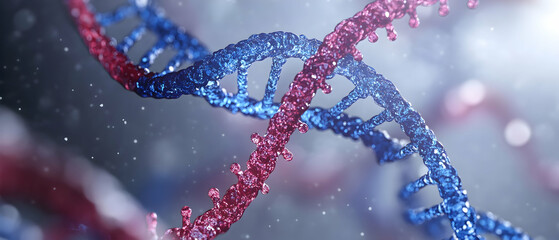 Wall Mural - red and blue dna double helix on a grey background -