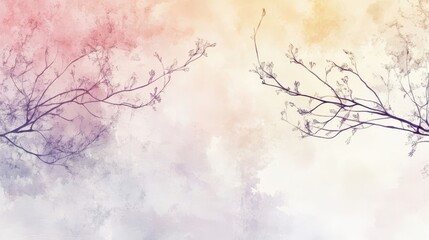 Canvas Print - A minimalist abstract wallpaper with continuous line drawing of branches layered over a soft pastel watercolor background