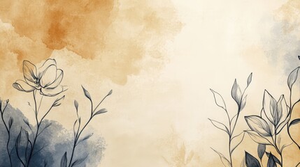 Canvas Print - A minimalist floral backdrop with dark ink vines over a rich watercolor blend of ochre and beige