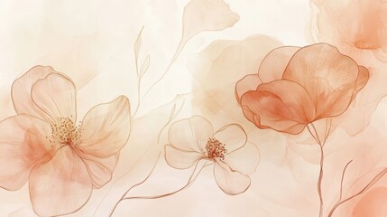 Canvas Print - A continuous-line botanical background with floral elements flowing across a pale peach watercolor backdrop