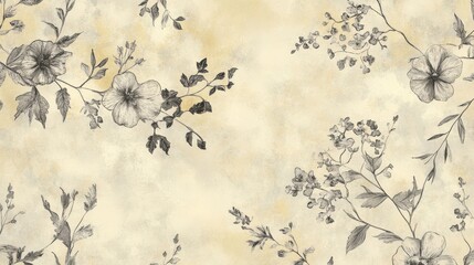 Wall Mural - A timeless botanical wallpaper with etched floral engravings over a warm ivory watercolor background