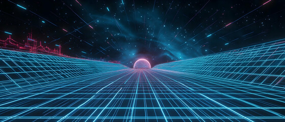 Wall Mural - retro futuristic design with perspective grid and wireframes, cyberpunk style -