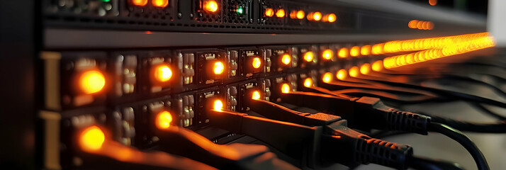 Wall Mural - Row of network servers with glowing LED lights, data center technology  -