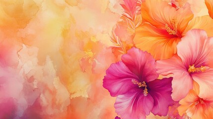 Canvas Print - A bright summer backdrop with tropical flowers in coral magenta and yellow soft blurred edges creating a dreamy watercolor effect