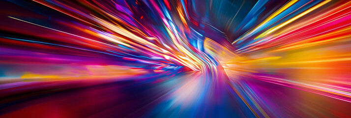 Wall Mural - speed light trails through a futuristic neon city with skyscrapers -