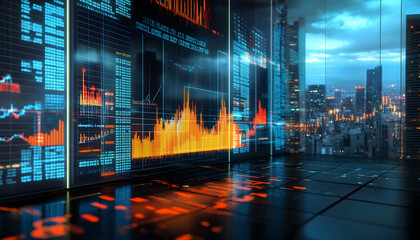 Wall Mural - stock market business concept with financial charts on a screen and a metropolis background -
