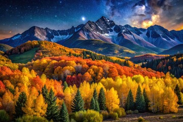 Wall Mural - Starry sky blankets aspen-glowed West Elk Mountains; a breathtaking Colorado fall night.