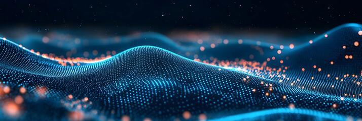 Wall Mural - technology background with connected dots on a 3d wave landscape -