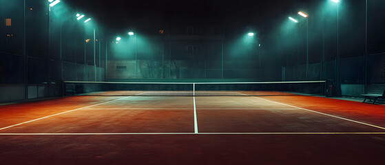 Wall Mural - Tennis court illuminated by spotlights with a dark background  -