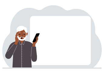 A man looks at a mobile phone. Reads SMS, news or social networks. Large white sheet for text. Vector flat illustration