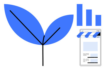 Blue leaf symbolizes growth, bar graph represents analytics, and mobile store interface conveys digital commerce. Ideal for business, sustainability, marketing, technology, ecology, growth