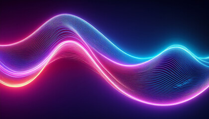 Wall Mural - Neon color glowing wave one line in a dark blue purple background, impulse abstract cable lines.