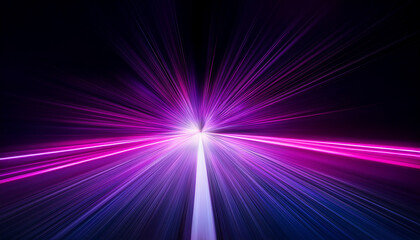 Wall Mural - Neon purple speed rays on the dark asphalt, velocity light neon purple pink flow, zoom in motion effect, purple glow speed lines, colorful light trails, stripes on black background.