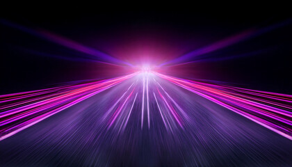 Wall Mural - Neon purple speed rays on the dark asphalt, velocity light neon purple pink flow, zoom in motion effect, purple glow speed lines, colorful light trails, stripes on black background.