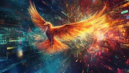 fiery phoenix soaring through digital cyberspace a symbol of innovation and technological advancement