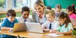 © 111chemodan111 - Teacher assisting diverse children with laptops for educational activities in a modern classroom setting