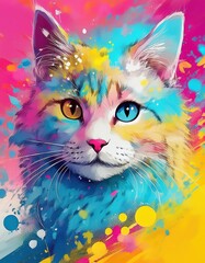  Abstrakte Pop-Art-Katzenillustration mit explosiven Farben und dynamischem Graffiti-Stil