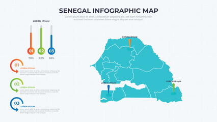 Infographic Map of Senegal. Senegal country map infographic colored vector template with regions and pointer marks.
