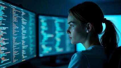 Portrait of Woman Creating a Software and Coding, Surrounded by Big Screens Displaying Lines of Programming Language Code. Female Programmer Working in a Monitoring Room. Futuristic Concept