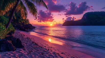 Wall Mural - breathtaking sunset beach scene with palm trees swaying in the tropical breeze