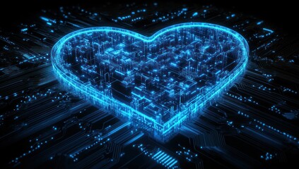 Wall Mural - digital heart circuitry glowing with intricate blue interconnected lines signifying connection