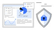 © robu_s - Data analysis dashboard with pie and line charts, report elements. Shield icon with padlock highlights security. Ideal for data protection, cybersecurity, analytics, reports, statistics, technology