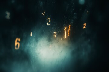 glowing numerals emerge from obscurity: a mysterious symphony of numbers in a dark, atmospheric sett