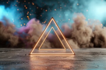 Wall Mural - illuminated geometric triangle in haze with colorful smoke background and glowing particles in abstr