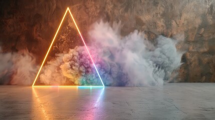 Wall Mural - neon triangle with colorful smoke and light effect in a modern abstract environment