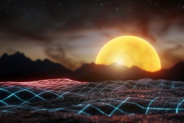 Wall Mural - Futuristic landscape with glowing grid and sunset over mountains in a surreal digital art style