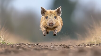 a young wild piglet is captured mid-leap over a dirt path in a serene natural environment on a crisp