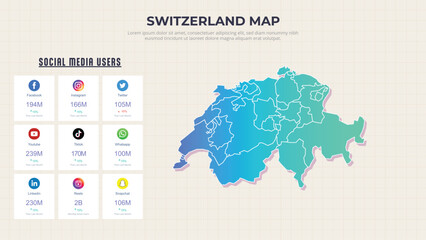  Social Media Usage & Growth Statistics Infographic Map of Switzerland. Popular Social Media Apps Usage in Switzerland modern Infographic map. Vector Illustration