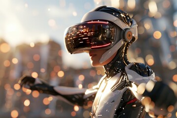 Wall Mural - futuristic robot with virtual reality headset in an urban environment with bokeh lights and sparkles
