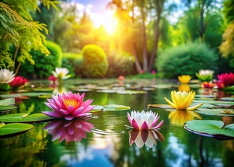 Wall Mural - Serene Pond with Water Lilies and Lush Greenery: A Miniature Tilt-Shift Landscape